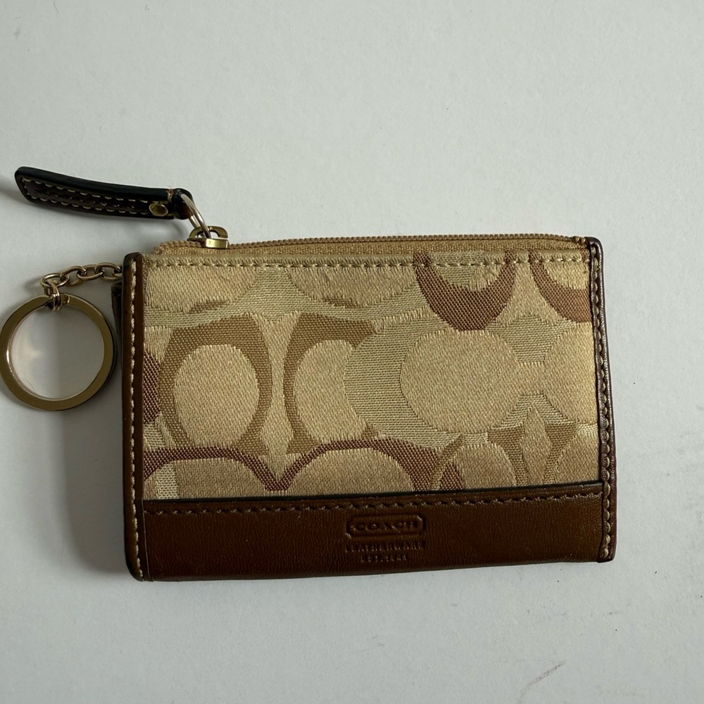 Coach Beige and Brown Signature Zip Card Case with Keyring